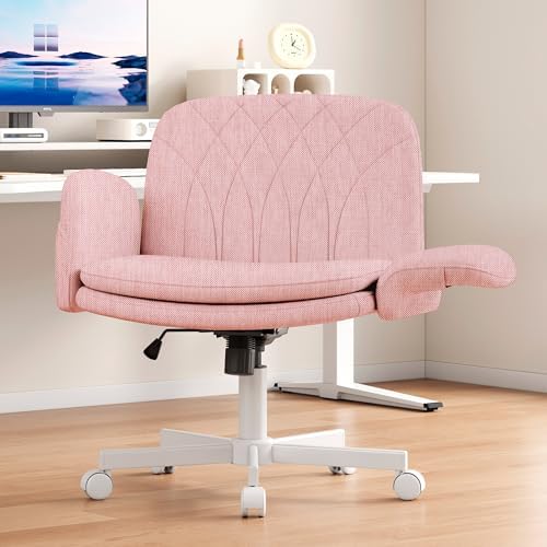 Misolant Fabric Criss Cross Chair with Armrests & Wheels for Cross-Legged Sitting, Comfortable Vanity Chair, Office Desk Chairs with Adjustable Rocking Function, for Home, Bedroom Pink
