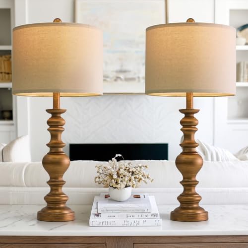 BOBOMOMO 27" Antique Gold Table Lamps Set of 2, Elegant Large Resin Lamps with Linen Shades, Gold Traditional Lamps for Bedroom, Living Room, or Console Table, Classic Vintage Décor