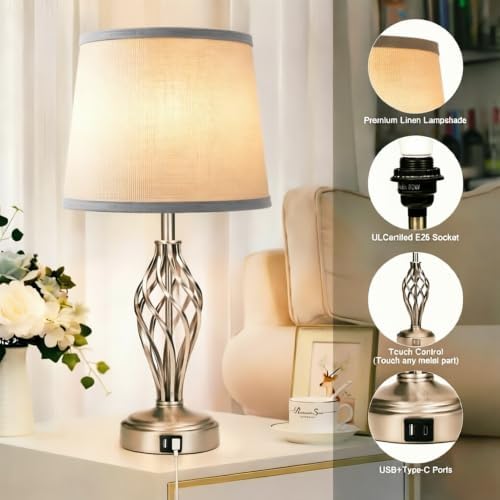Ruiever Touch Table Lamps Set of 2, nightstand lamp with USB Ports Bedside 3 Way Touch dimmer Desk lamp for Living Room Bedroom,Nickel Spiral Cage Grey Shade, Warm White dimmer Bulbs Included.