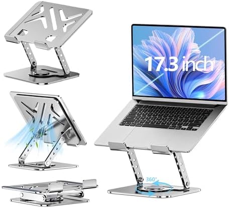 Laptop Stand for Desk, 360° Rotating Adjustable Metal Foldable Laptop Riser with Minimalist Vent Pattern, Ergonomic Computer Notebook Holder for MacBook, Dell, HP 10-17.3", Gray