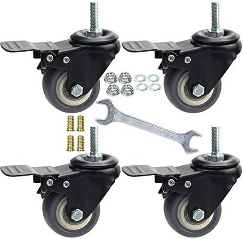 2 Inch Swivel Caster Wheels Set of 4, Metric M8-1.25 Threaded stem(Bolt Diameter 8mm, Length:1″) Durable Soft Rubber casters with Double Lock Mechanism, castors for Carpet Hardwood Floor