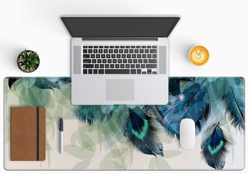 Large Gaming Mouse Pad with Stitched Edges, Desk Pad Extended Keyboard Mat, Non-Slip Rubber Base Mousepads for Laptop, Office, Home, 31.5X11.8 inch Watercolor Peacock Feather