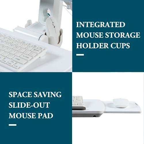 MyGift Wall Mounted White Metal Medical Grade Monitor Screen Workstation with Height Adjustable Arm, Keyboard & Extension Tray & Mouse Holder for Healthcare and Dental Clinics, Fits up to 35” Monitor