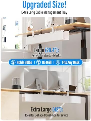[Upgraded] Large Under Desk Cable Management Tray, Cinati Cable Management Under Desk No Drill, 42" Fabric Cord Hider for Wire Organizer, Cord Organizer for Office, Home - Supports Up to 30lbs White