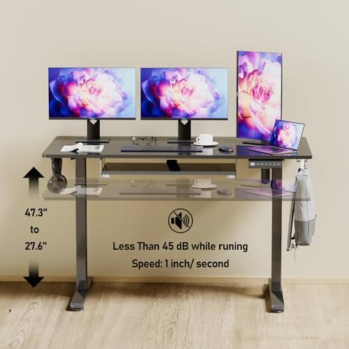 Electric Height Adjustable Standing Desk with Keyboard Tray, 48 * 24 Inch Sit Stand Up Desk, Ergonomic Computer Desk with 2 Headphone Hook for Home Office Sturdy Writing Workstation, Gaming