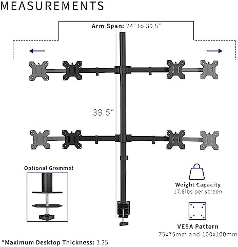 VIVO Premium Quad Ultra Wide LCD LED 27 to 38 inch Monitor Desk Mount, Heavy Duty C-clamp, Extra Tall Pole, Adjustable Telescoping Arms, Flush Wall Setup, Fits 4 Screens, Black, STAND-TS38C-4