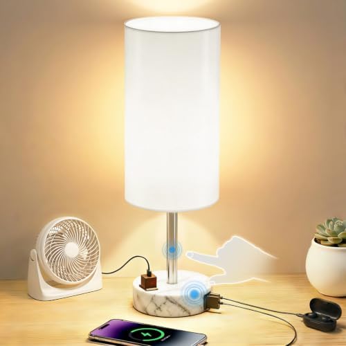 Table Lamp, Dimmable Touch, AC Outlet, USB A+C (White&Marble)
