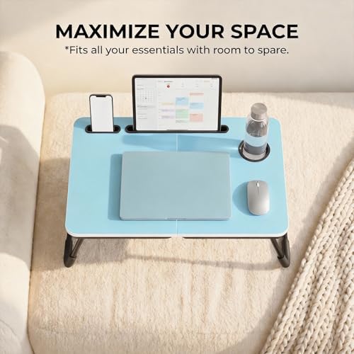 BUYIFY 23.4" Foldable Lap Desk Bed Table with Cup Holder Tray Blue