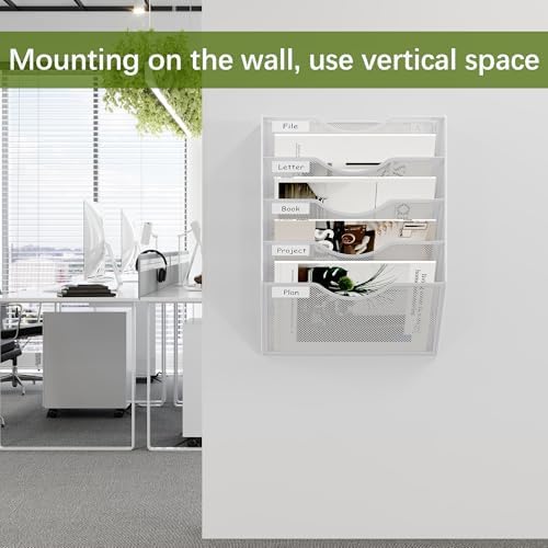 EasyPAG Wall File Organizer 5 Tier Hanging Paper Folder Holder, Zero Assembly Metal Mesh Wall Mounted Mail Organizer for Office Home Classroom Narrow Spaces, White