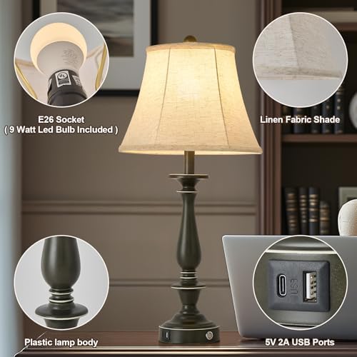 AIDENOEY 28.5" Traditional Table Lamp Set of 2, Rustic Farmhouse Table Lamps for Living Room Bedroom, Bedside Desk Lamps Vintage Nightstand Lamps with Silk Fabric Shades, Taupe with Rubbed Edge
