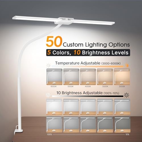 Syrinx LED Desk Lamp, Dual Head Desk Light with Clamp, Eye-Care Table Lamp