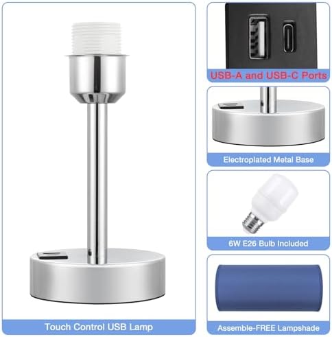 Blue Touch Table Lamp for Bedroom - Bedside Desk Lamp for College Dorm