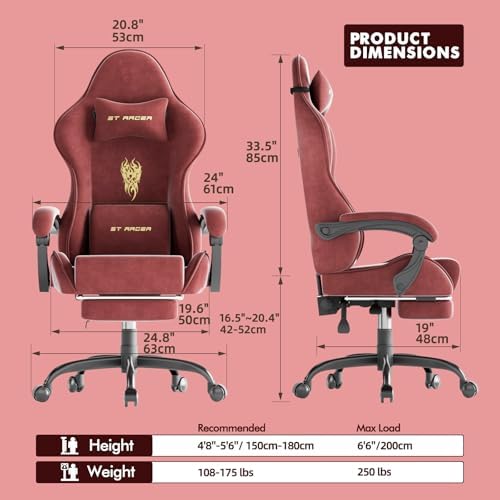 Huracan Ergonomic Gaming Chair with Massage Lumbar Cushion, High‑Back Reclining Velvet Fabric Computer Chair with Footrest for Home Use, Adjustable Racing‑Style Gamer Chair for Work and Streaming, Red
