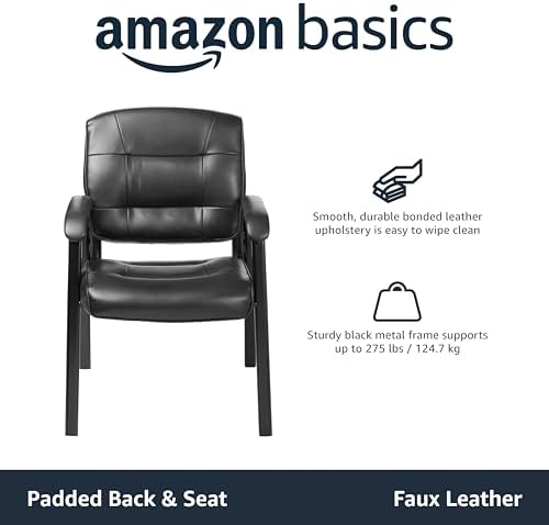 Amazon Basics Classic Faux Leather Office Desk Chair with Armrests, Metal Frame, Black, 27.4D x 23.6W x 35.8H in