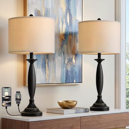Oneach 28" Modern Table Lamps Set of 2 for Living Room Bedroom, USB Ports