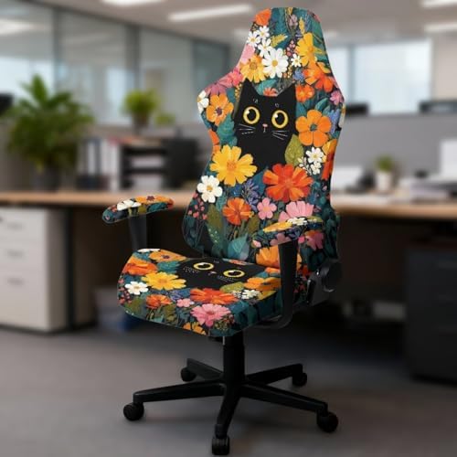 Cat Floral Print Gaming Chair Cover with Armrest Covers Non Slip Universal Furniture Protector Stretchable Anti Scratch Gamer Chair Slipcover