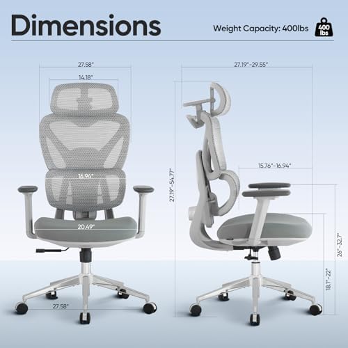 Ergonomic Mesh Office Chair, Desk Chairs with Adjustable Lumbar Support, 4D Flip-up Arms & 3D Headrest, Comfy High Back Breathable Mesh Computer Chair for Home Office, 400lbs (Grey)