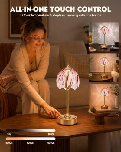 Nusogon Cordless Flower Table Lamp, 5200mAh Small Rechargeable Touch Lamp