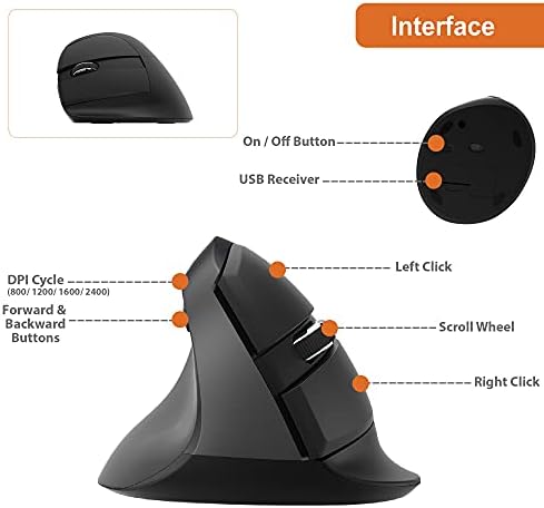 J-Tech Digital Left Handed Wireless Ergonomic Vertical Mouse for Small Hands with USB Nano Transceiver, AA Battery, 4 DPI, Compatible with Mac and PC, Black [V628ML]