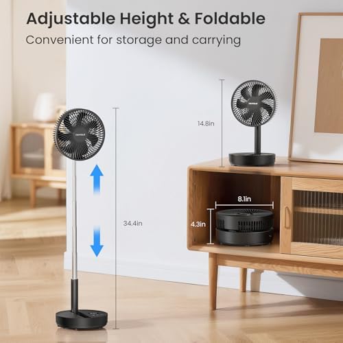 TriPole Portable Standing Fan, 8000mAh Rechargeable Oscillating Fan with Remote, 8.1'' Quiet Pedestal Floor Fan with LED Display & Timer, Foldable Small Desk Fans for Bedroom, Office, Camping, Travel