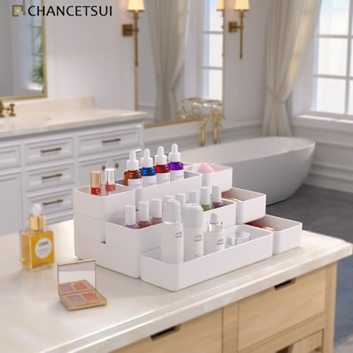 White Desk Drawer Organizer Trays: 9PC Shallow Vanity Bathroom Organizers