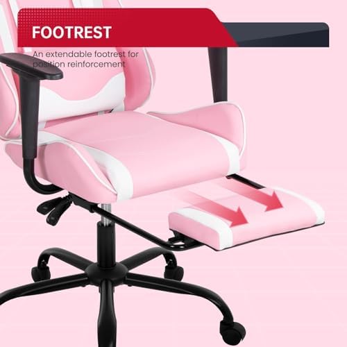 PC Gaming Chair with Footrest, Ergonomic Home Office Chair with Lumbar Support & Headrest Pillow, Pink
