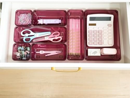 Kitchen Desk Drawer Organizers Storage for Office, Small Acrylic Vanity Trays Makeup for Drawer Bathroom Plastic Make up Organizers 25 Pcs Burgundy