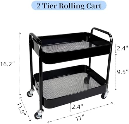 2 Pack Pantry Cart 2 Tier Small Rolling Cart with Wheels for Under Desk Storage, Short Rolling Utility Cart Large Basket Metal Kitchen Shelf with Mesh Laundry Room Organizer Side Table, Black