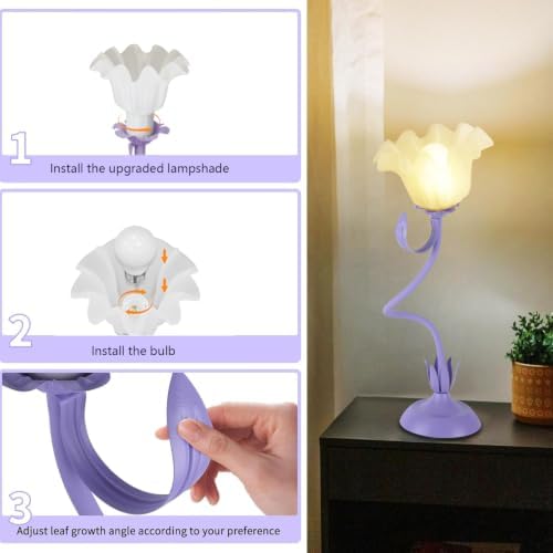 Cute Flower Desk Lamp, 3 Color Temperature Table Lamp with LED Bulb, Vintage Bedside Lamps, Reading Lamps with Soft Light for Bedroom, Living Room（Purple）