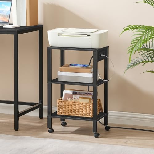 HOOBRO 3-Tier Printer Stand with Charging Station, Under Desk Printer Table, Printer Cart with Storage Shelves, Shelf for Small Spaces, for Home Office, Black BK63UPS01