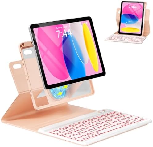 Magnetic Keyboard Case for iPad 10th/11th Generation A16, 10.9/11 Inch 7 Color Backlit Detachable Wireless Keyboard, 360° Rotatable Cover with Pencil Holder for iPad 10th Gen 2022 (Pink)