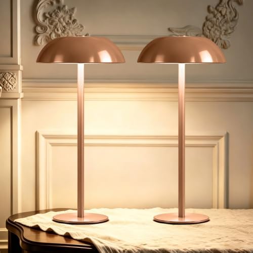 2 Pack Portable LED Mushroom Table Lamp, 12H Cordless Metal Night Light with Rechargeable Battery, Stepless Dimmable 3 Colors Desk Lamp for Bedroom Bar Coffee Shop(Camel)