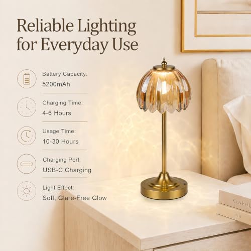 Rechargeable Cordless Table Lamp, 3 Color Temps & Stepless Dimming