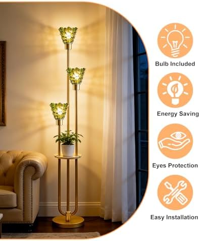 3-Light Modern Glass Floor Lamp with Shelf, Gold Tall Standing Lamp with Green Flower Glass Shade, LED Floor Lamp with Foot Switch& 5Lbs Heavy Base for Living Room Bedroom, Bulb Included