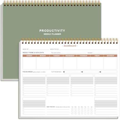 Weekly Productivity Planner - 8.5" x 11" Dashboard Desk Notepad Has 6 Focus Areas to List Tasks for Goals, Projects, Clients, Academic or Meal-Organize Your Daily Work Efficiently, 54 Weeks, Green