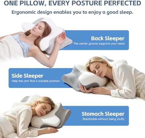 Cervical Neck Pillow, Memory Foam Pillows for Neck, 2 Heights Ergonomic Pillow with Breathable Ice Silk Cover,White
