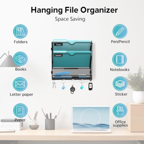 3 Tier Wall File Organizer, Metal Holder with Bottom Hooks