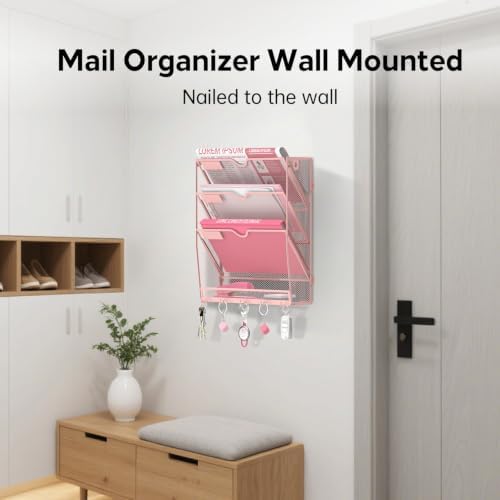 4-Tier Wall File Organizer and Mail Organizer with 5 Hooks, Pink
