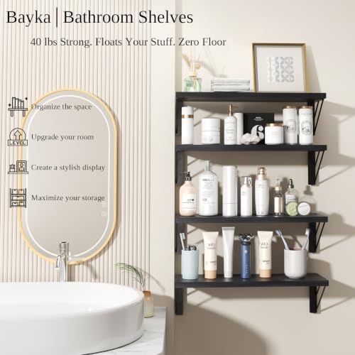 BAYKA Wall Mounted Black Floating Shelves for Wall (Set of 4, 16" Uniform)