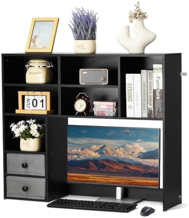 VEVOR 3-Tier Desktop Storage Organizer, 37" x 10" x 31.1" Office Storage Rack Wood Display Shelf, Desktop Bookshelf Hutch with 2 Fabric Drawers, for Office, Home & Dorm, Black