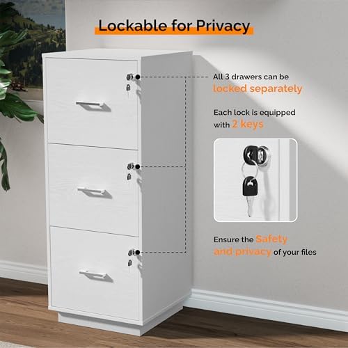 VINGLI 3 Drawer File Cabinet with Lock, Home Office Filing Organizer, for Letter Size File Folder Storage, Wood Tall Vertical Filing Cabinet, Printer Stand, Archivador (White)