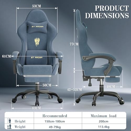 Soontrans Grey Velvet Gaming Chair with Embroidery Design
