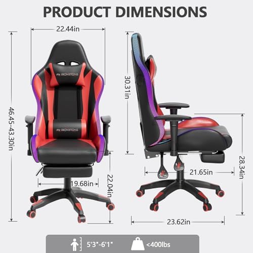 Mr IRONSTONE RGB Gaming Chair with Bluetooth Speakers, Ergonomic Gamer Chair with LED Lights, Vibration Lumbar Support, Footrest and High Back Reclining Design for Adults, Red