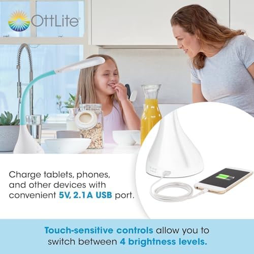 OttLite Creative Curves LED Desk Lamp with USB Port, White with Turquoise
