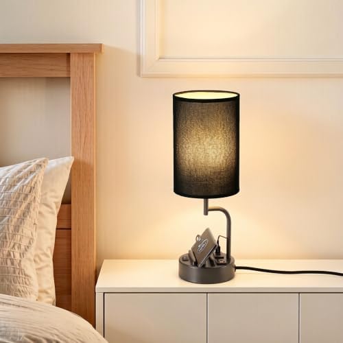 Dreamholder Table Lamp with 3 USB Charging Ports, Modern Desk Lamp with AC Outlet and Phone Stands, Perfect Bedside Lamp for Bedroom, Living Room, Office (Pack of 2), Black