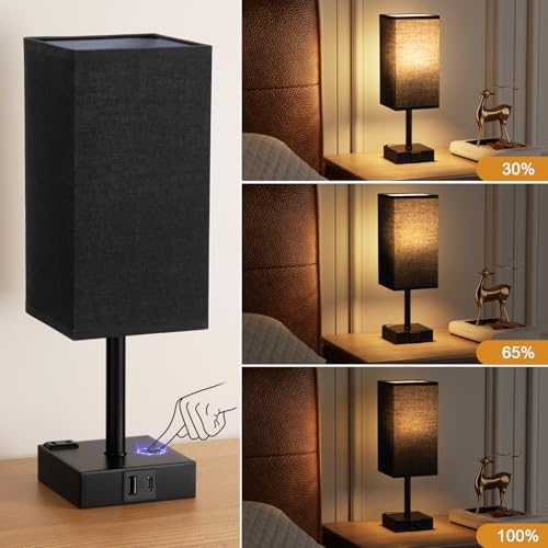 3000K Black Table Lamp for Bedroom - Dimmable Touch, USB C+A, AC Outlet
