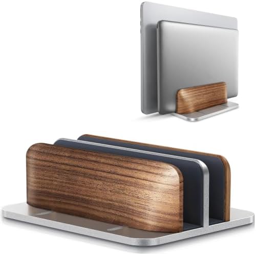 LOXP Vertical Laptop Stand, Dual Slot Wooden + Aluminum Laptop Holder