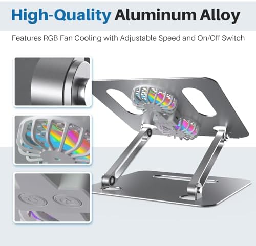 YICOSUN Adjustable Laptop Cooling Stand with 2 Quiet Fans & RGB Lighting, Aluminum Alloy & Foldable Ergonomic Design for MacBook, Lenovo, ASUS, Dell 10-16 Inch, Perfect for Gaming, DJ, Office - Silver