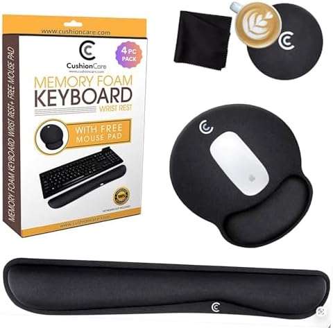 4pc Wrist Rests for Keyboard and Mouse Pad Set - Memory Foam Cushion, Black - Ergonomic Wrists Hand Arm Rest Support for Laptop Computer Desk and Gaming - Carpal Tunnel Syndrome Relief