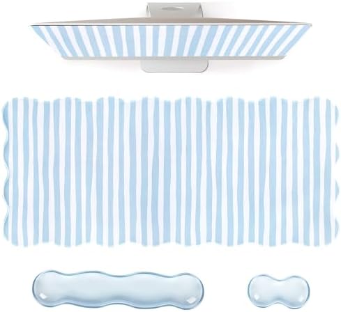 L-SPOUTTO Blue Striped Mouse Pad Set,Scalloped XXL Desk Mat + Ergonomic Mouse Wrist Rest + Gel Keyboard Wrist Rest for Keyboard 65%/75%,3in1 Large Desk Pad for Desktop Home Office Computer Game